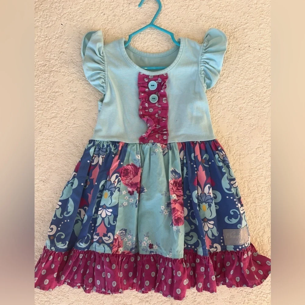 EleaNor Rose Girls Blue Floral Ruffle Dress Size 3/4 Boutique Cottagecore